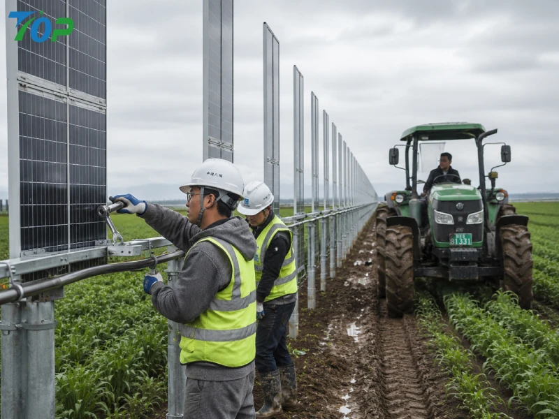 EPC engineers inspecting vertical bifacial solar systems while tractor operates between agrivoltaic rows in active farmland. EPC engineers inspecting vertical bifacial solar systems while tractor operates between agrivoltaic rows in active farmland.